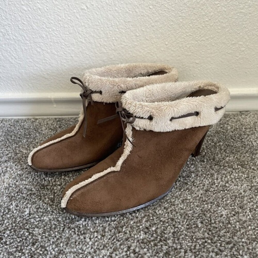 anne klein mule heels fur lined faux suede brown size 7.5 M womens shoes